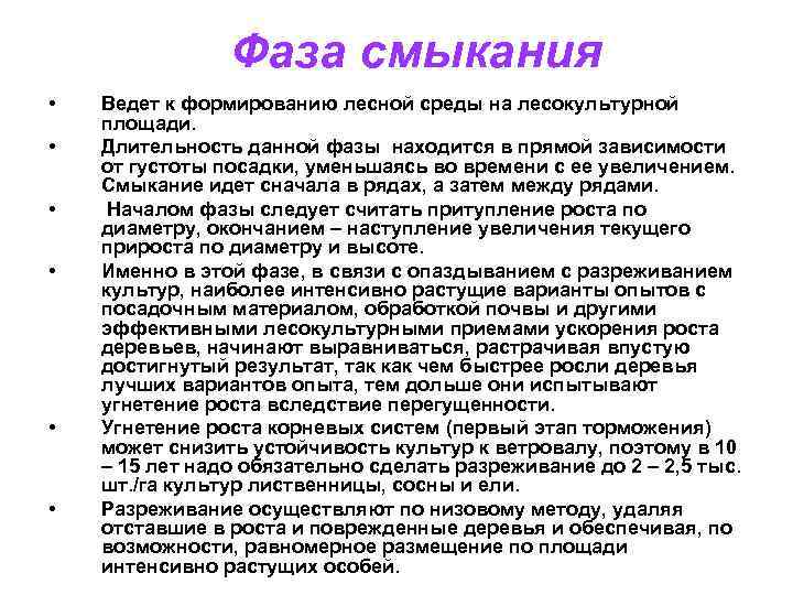 Фаза смыкания • • • Ведет к формированию лесной среды на лесокультурной площади. Длительность