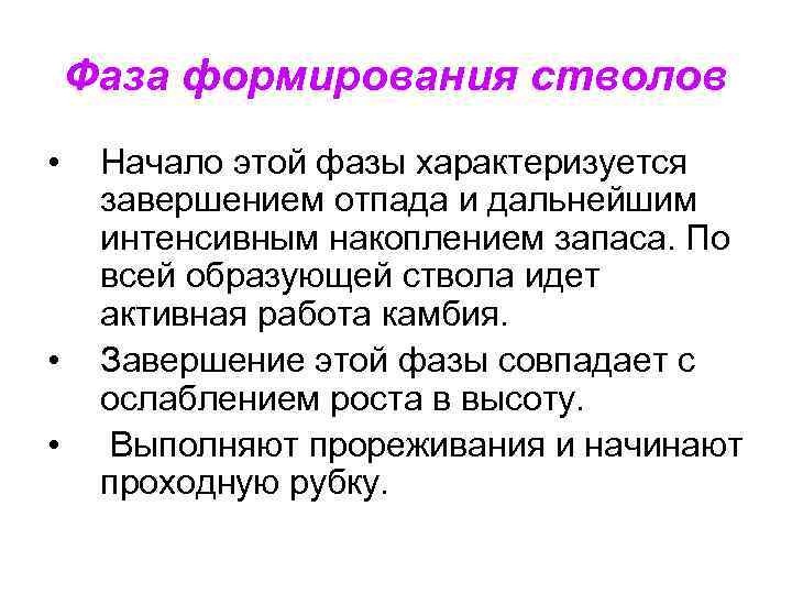 Фаза формирования стволов • • • Начало этой фазы характеризуется завершением отпада и дальнейшим