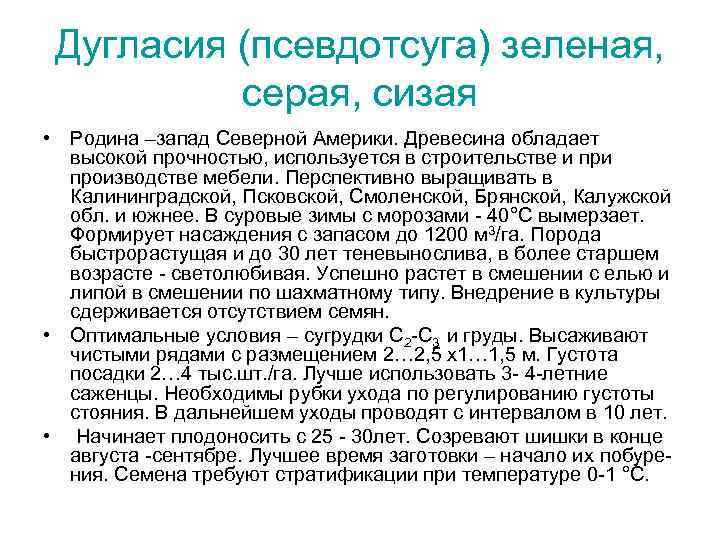 Дугласия (псевдотсуга) зеленая, серая, сизая • Родина –запад Северной Америки. Древесина обладает высокой прочностью,