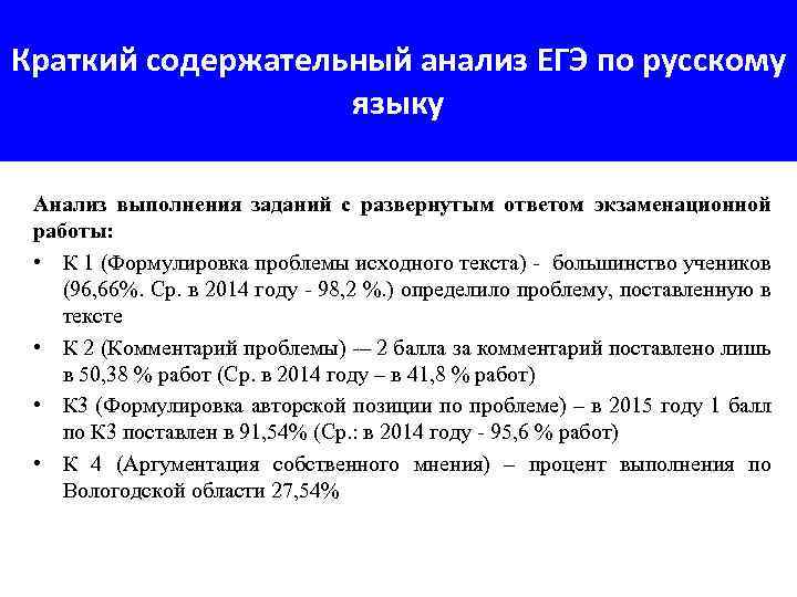 Краткий содержательный анализ ЕГЭ по русскому языку Анализ выполнения заданий с развернутым ответом экзаменационной