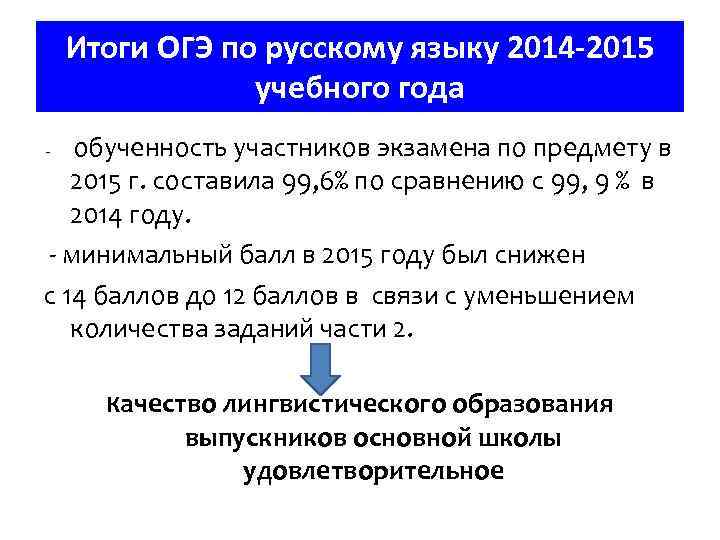 Итоги ОГЭ по русскому языку 2014 -2015 учебного года обученность участников экзамена по предмету