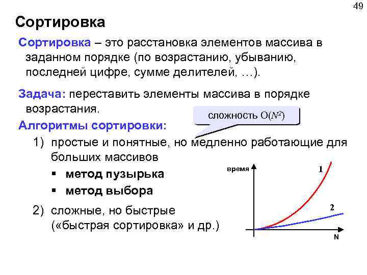 49 Сортировка – это расстановка элементов массива в заданном порядке (по возрастанию, убыванию, последней