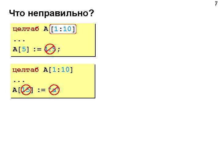 7 Что неправильно? целтаб A [1: 10] [10: 1]. . . A[5] : =