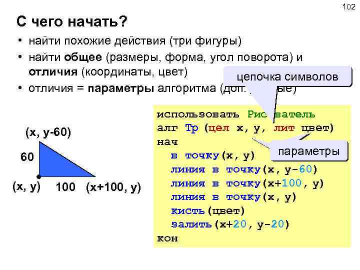 102 С чего начать? • найти похожие действия (три фигуры) • найти общее (размеры,