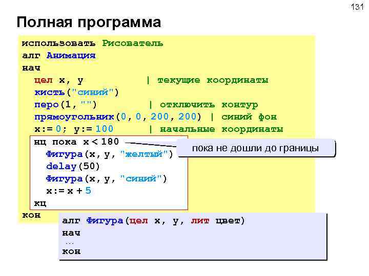 131 Полная программа использовать Рисователь алг Анимация нач цел x, y | текущие координаты