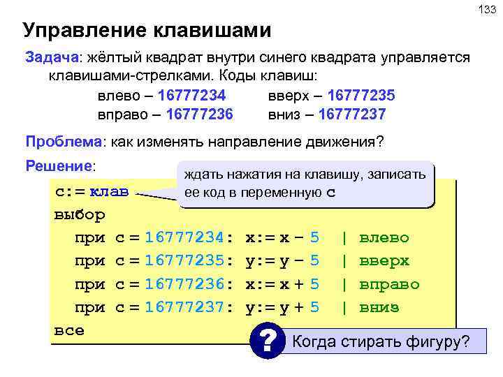 133 Управление клавишами Задача: жёлтый квадрат внутри синего квадрата управляется клавишами-стрелками. Коды клавиш: влево