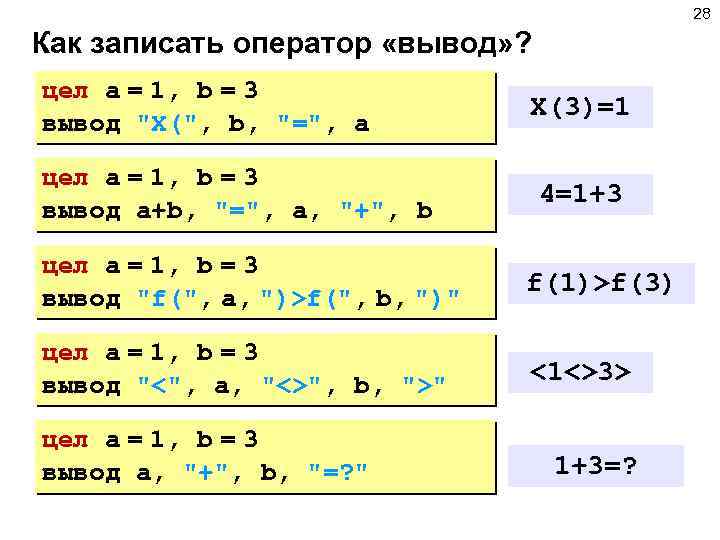 28 Как записать оператор «вывод» ? цел a = 1, b = 3 вывод