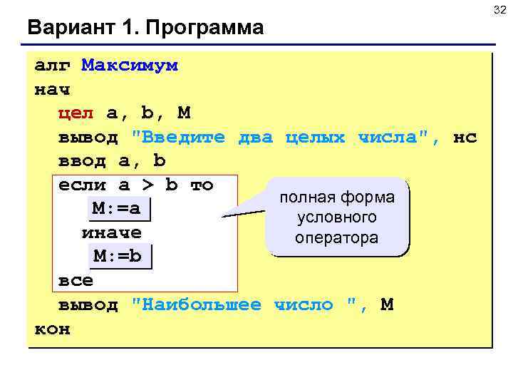 Вариант 1. Программа алг Максимум нач цел a, b, M вывод 