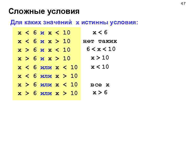 47 Сложные условия Для каких значений x истинны условия: x x x x <