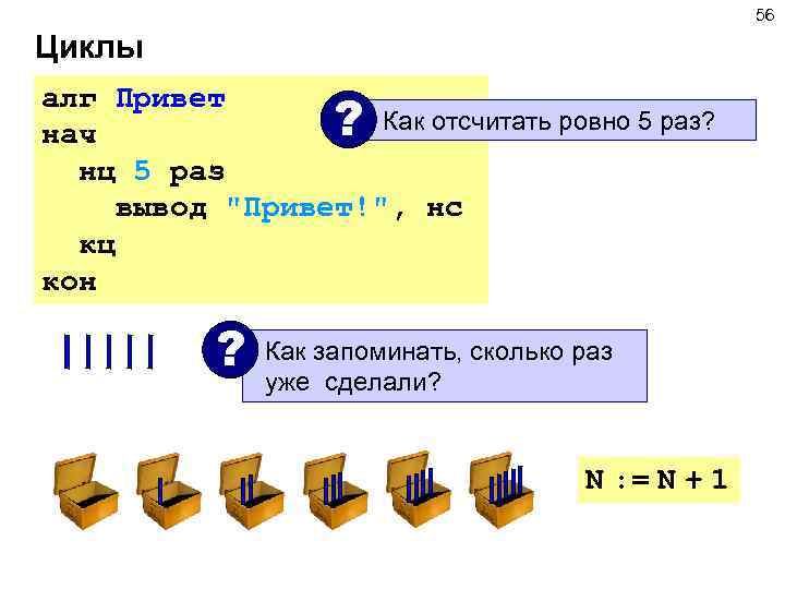 56 Циклы алг Привет ? Как отсчитать ровно 5 раз? нач нц 5 раз