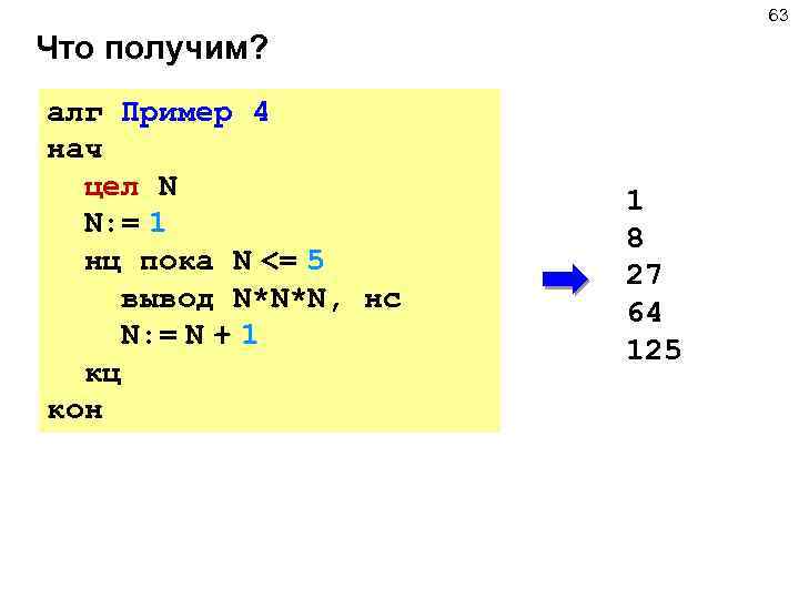 63 Что получим? алг Пример 4 нач цел N N: = 1 нц пока