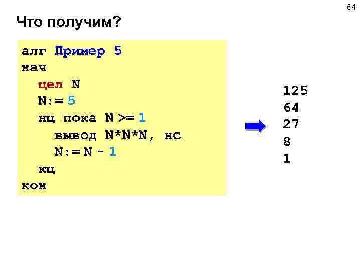 64 Что получим? алг Пример 5 нач цел N N: = 5 нц пока