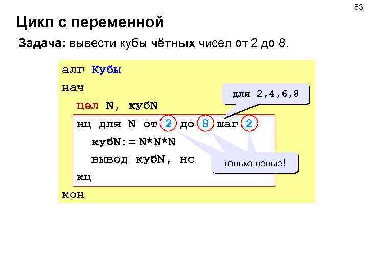 Вывести четные числа. Вывествсе четные числа. Цикл с переменной задача 2. Цикл с переменной вывести Кубы чисел от 1 до 8. Четное число в с++.