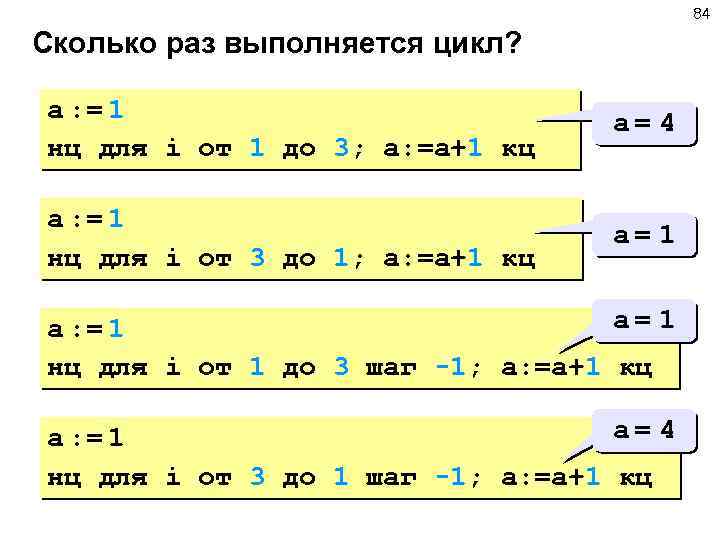 84 Сколько раз выполняется цикл? a : = 1 нц для i от 1