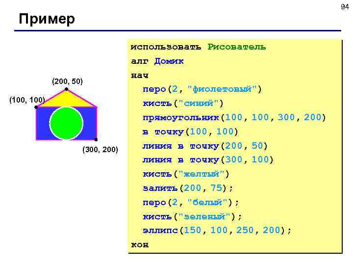 94 Пример (200, 50) (100, 100) (300, 200) использовать Рисователь алг Домик нач перо(2,