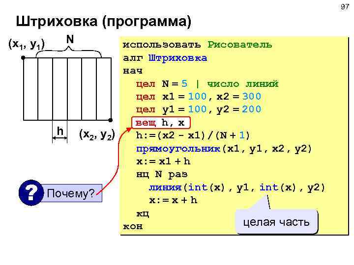 97 Штриховка (программа) (x 1, y 1) ? N использовать Рисователь алг Штриховка нач