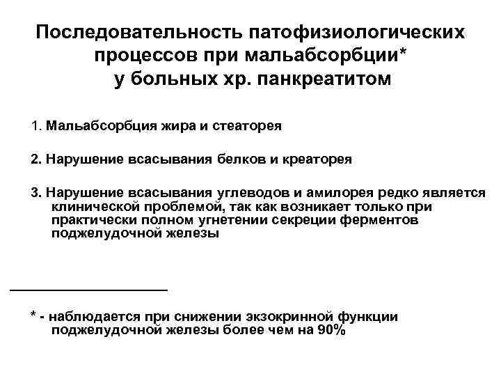 Последовательность патофизиологических процессов при мальабсорбции* у больных хр. панкреатитом 1. Мальабсорбция жира и стеаторея