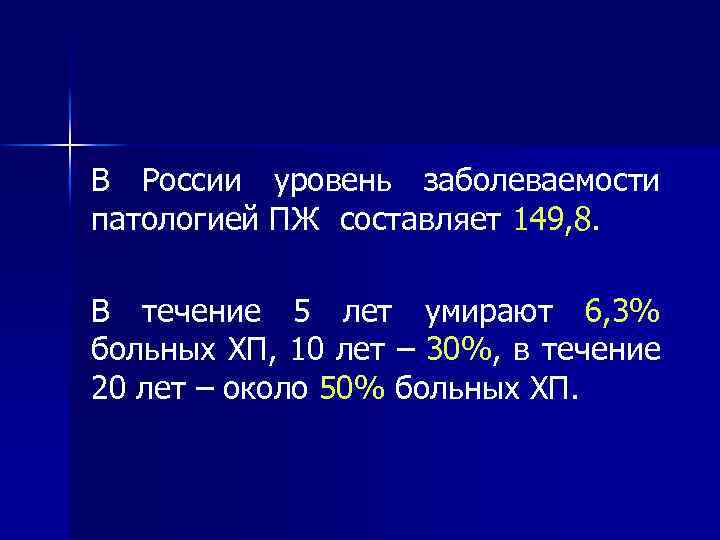 В России уровень заболеваемости патологией ПЖ составляет 149, 8. В течение 5 лет умирают