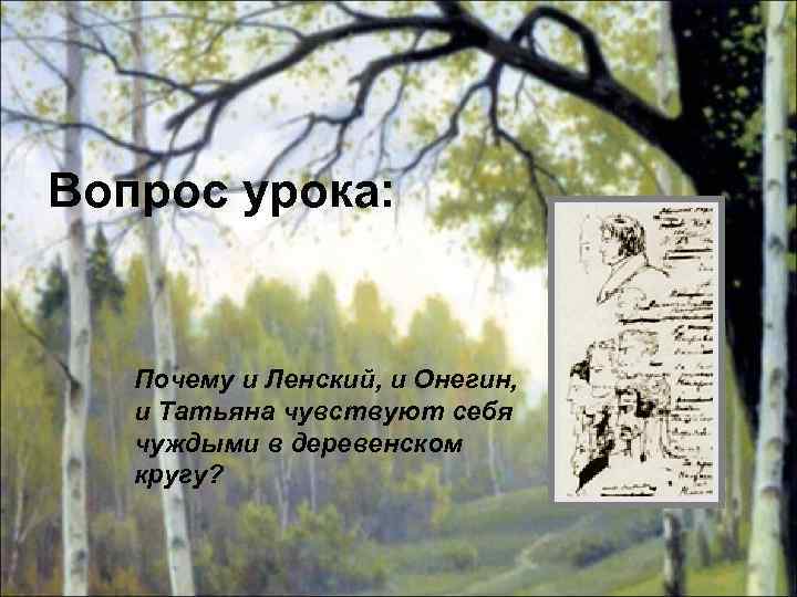 Вопрос урока: Почему и Ленский, и Онегин, и Татьяна чувствуют себя чуждыми в деревенском