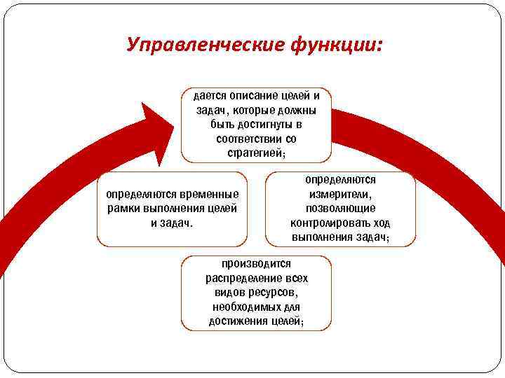 Управленческие функции: дается описание целей и задач, которые должны быть достигнуты в соответствии со