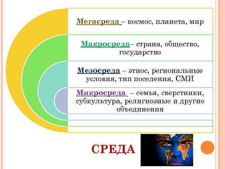 Мегасреда – космос, планета, мир Макросреда– страна, общество, государство Мезосреда – этнос, региональные условия,