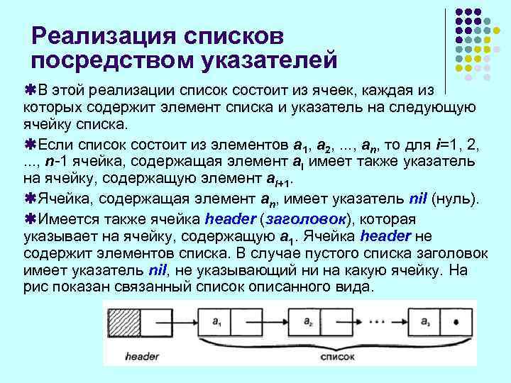 Реализация списков посредством указателей ßВ этой реализации список состоит из ячеек, каждая из которых