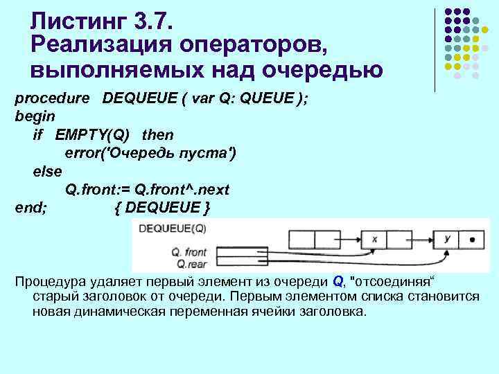 Листинг 3. 7. Реализация операторов, выполняемых над очередью procedure DEQUEUE ( var Q: QUEUE