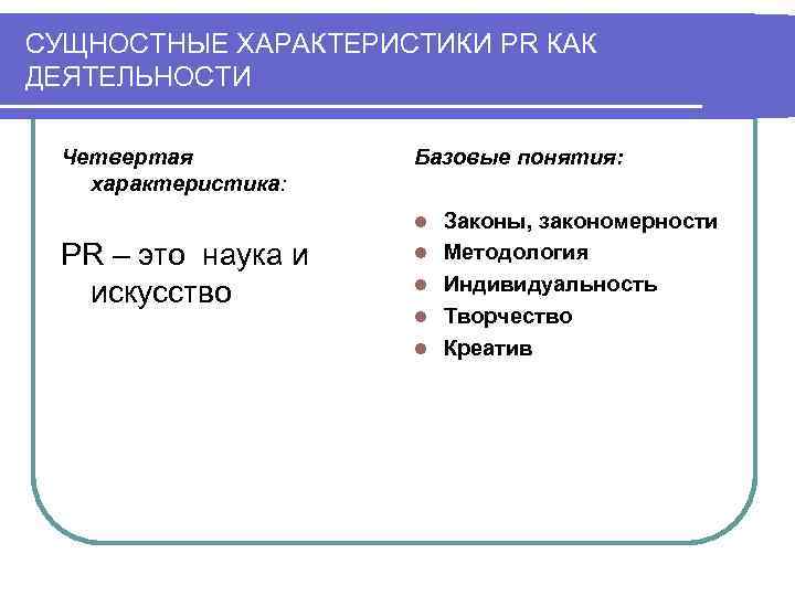 СУЩНОСТНЫЕ ХАРАКТЕРИСТИКИ PR КАК ДЕЯТЕЛЬНОСТИ Четвертая характеристика: Базовые понятия: l PR – это наука