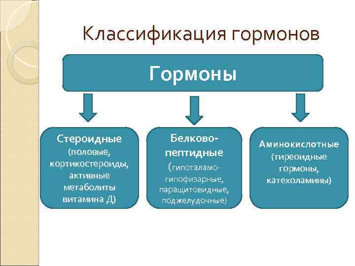 Классификация гормонов Гормоны Стероидные (половые, кортикостероиды, активные метаболиты витамина Д) Белковопептидные (гипоталамо- гипофизарные, паращитовидные,