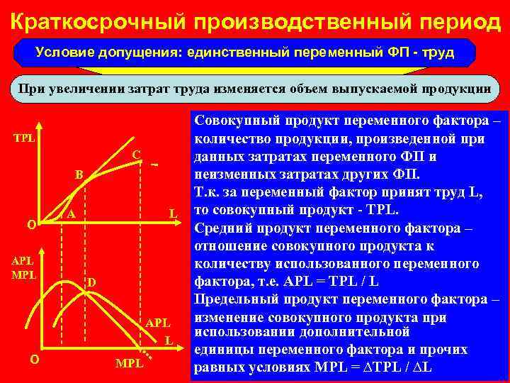 Краткосрочный производственный период Условие допущения: единственный переменный ФП - труд При увеличении затрат труда