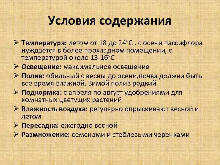 Условия содержания Ø Температура: летом от 18 до 24°С , с осени пассифлора нуждается