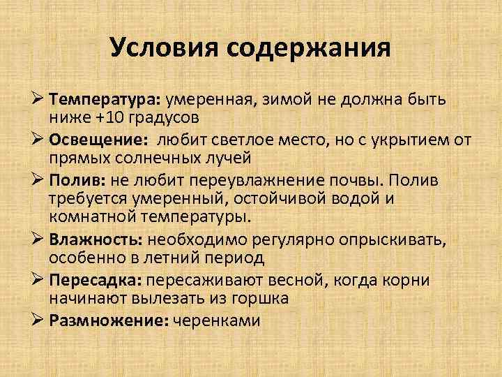 Условия содержания Ø Температура: умеренная, зимой не должна быть ниже +10 градусов Ø Освещение: