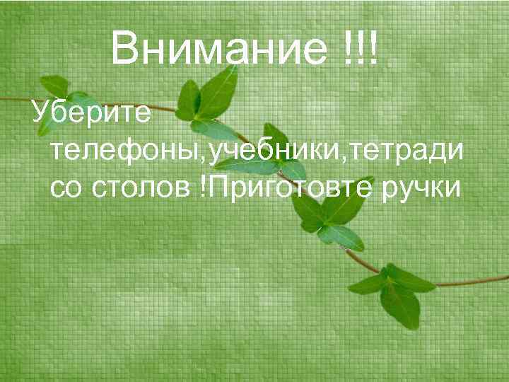 Внимание !!! Уберите телефоны, учебники, тетради со столов !Приготовте ручки 