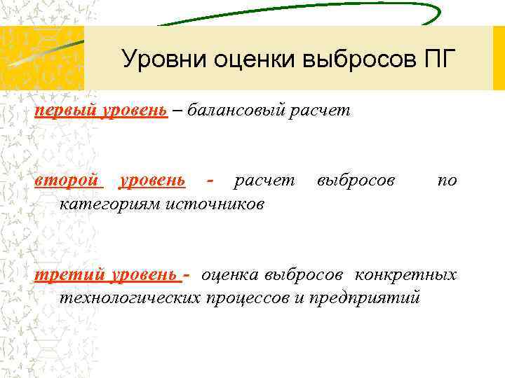 Уровни оценки выбросов ПГ первый уровень – балансовый расчет второй уровень - расчет категориям