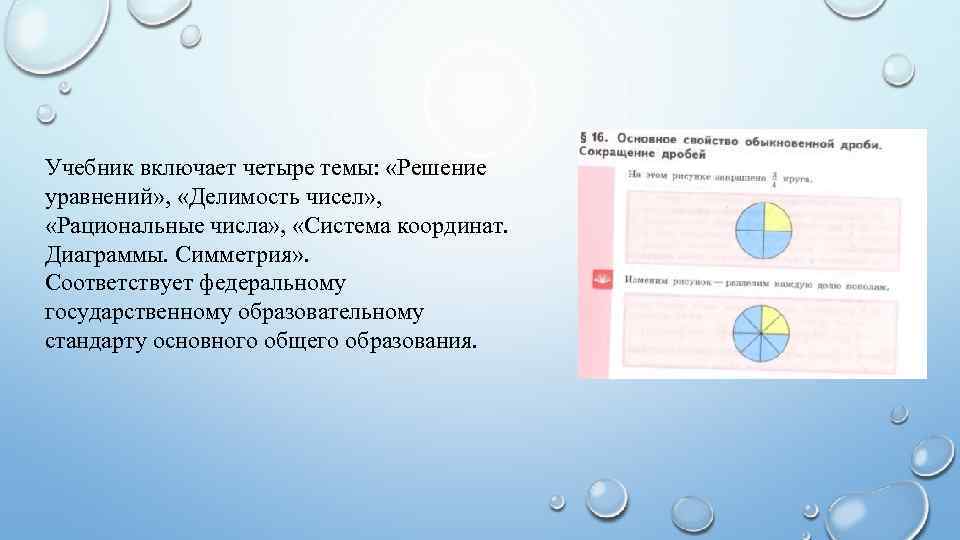 Учебник включает четыре темы: «Решение уравнений» , «Делимость чисел» , «Рациональные числа» , «Система