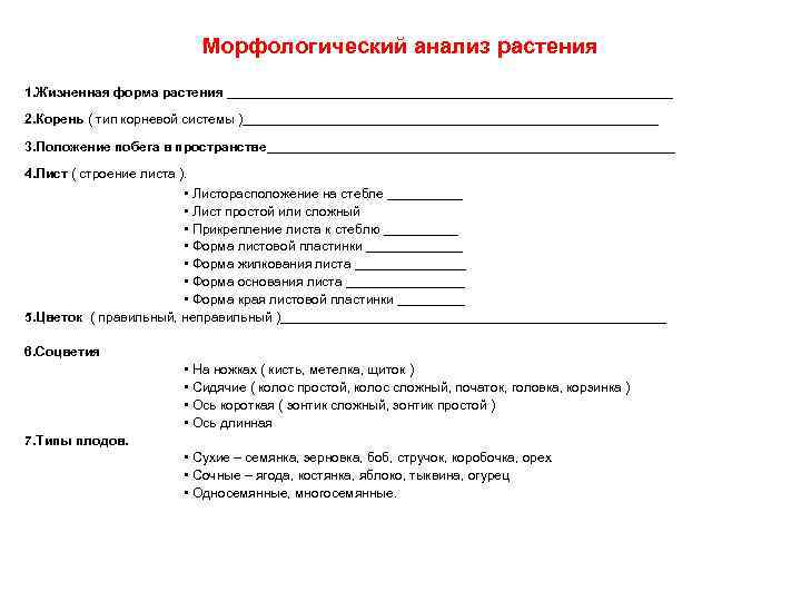 Морфологический анализ растения 1. Жизненная форма растения ______________________________ 2. Корень ( тип корневой системы