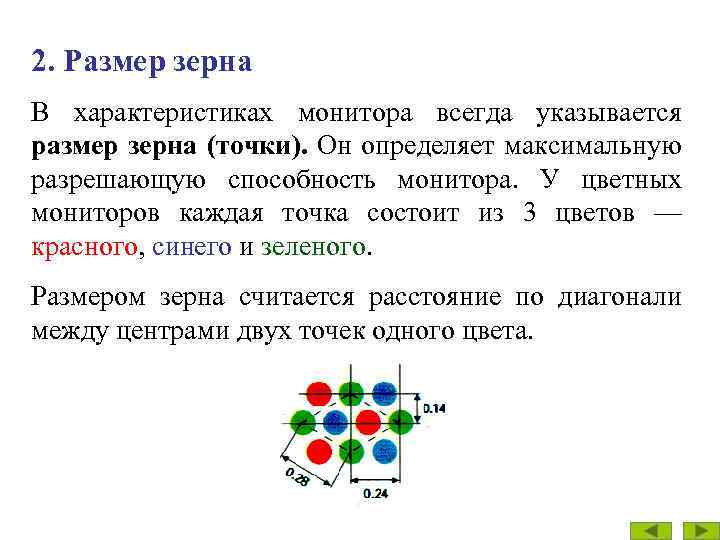2. Размер зерна В характеристиках монитора всегда указывается размер зерна (точки). Он определяет максимальную
