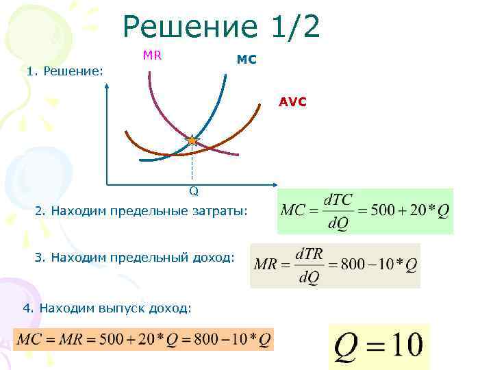 Решение 1/2 MR MC 1. Решение: АVС Q 2. Находим предельные затраты: 3. Находим