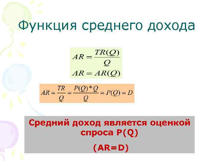 Функция среднего дохода Средний доход является оценкой спроса P(Q) (AR=D) 