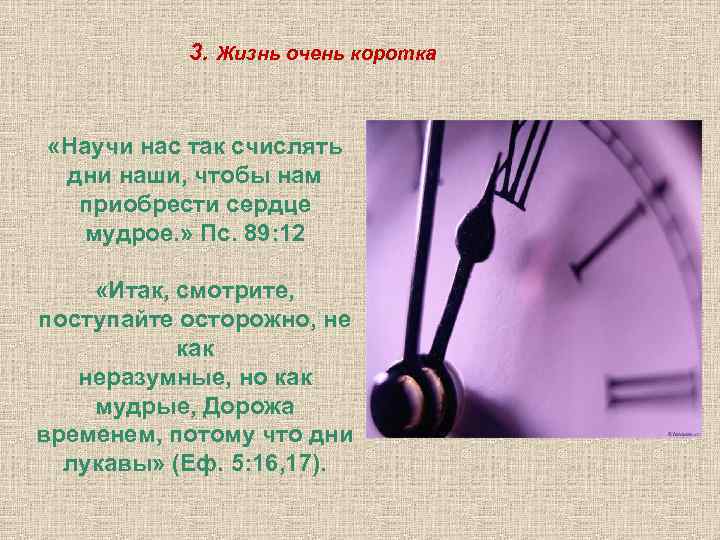 3. Жизнь очень коротка «Научи нас так счислять дни наши, чтобы нам приобрести сердце