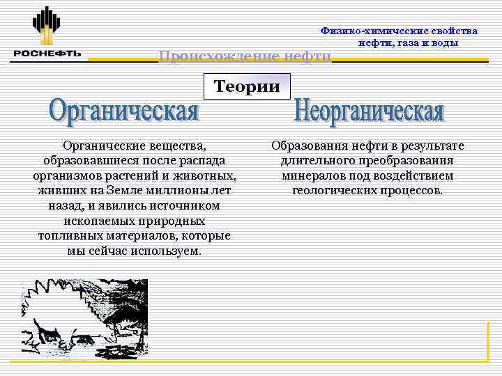 Физико-химические свойства нефти, газа и воды Происхождение нефти Теории Органические вещества, образовавшиеся после распада