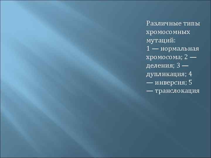 Различные типы хромосомных мутаций: 1 — нормальная хромосома; 2 — деления; 3 — дупликация;