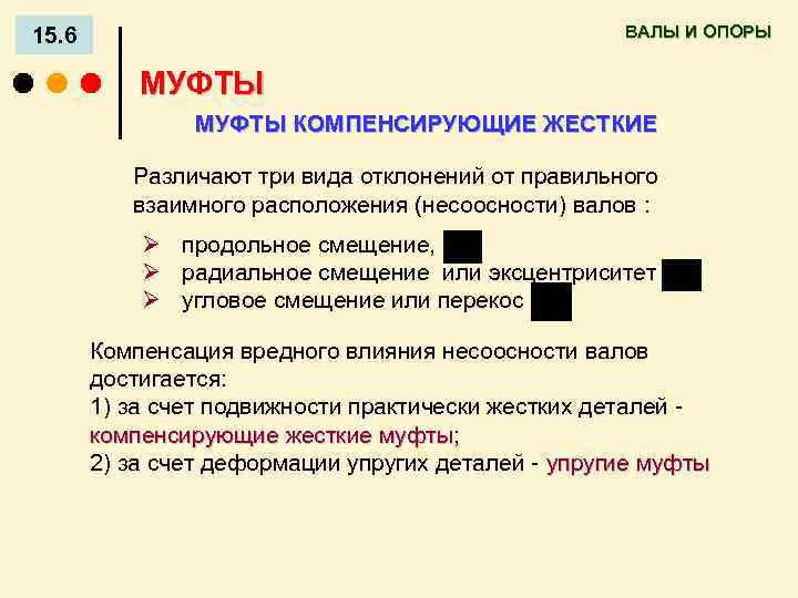 ВАЛЫ И ОПОРЫ 15. 6 МУФТЫ КОМПЕНСИРУЮЩИЕ ЖЕСТКИЕ Различают три вида отклонений от правильного