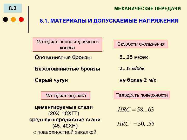 8. 3 МЕХАНИЧЕСКИЕ ПЕРЕДАЧИ 8. 1. МАТЕРИАЛЫ И ДОПУСКАЕМЫЕ НАПРЯЖЕНИЯ Материал венца червячного колеса