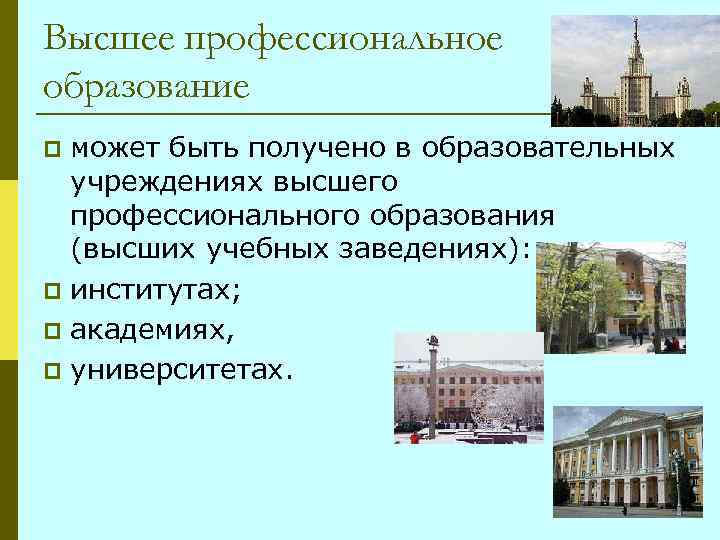 Высшее профессиональное образование может быть получено в образовательных учреждениях высшего профессионального образования (высших учебных