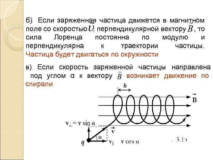 б) Если заряженная частица движется в магнитном поле со скоростью , перпендикулярной вектору ,