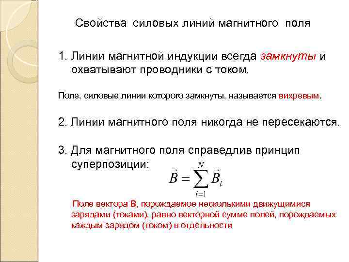 Свойства силовых линий магнитного поля