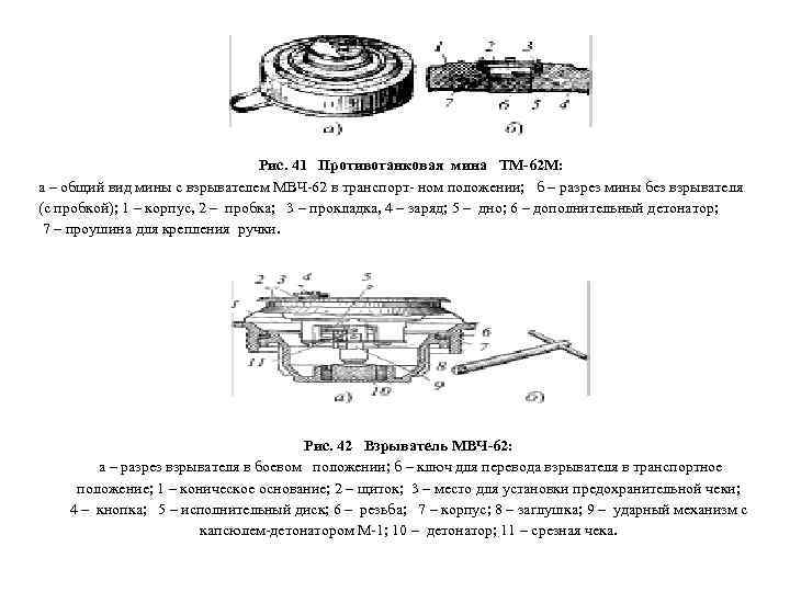 Рис. 41 Противотанковая мина ТМ-62 М: а – общий вид мины с взрывателем МВЧ-62