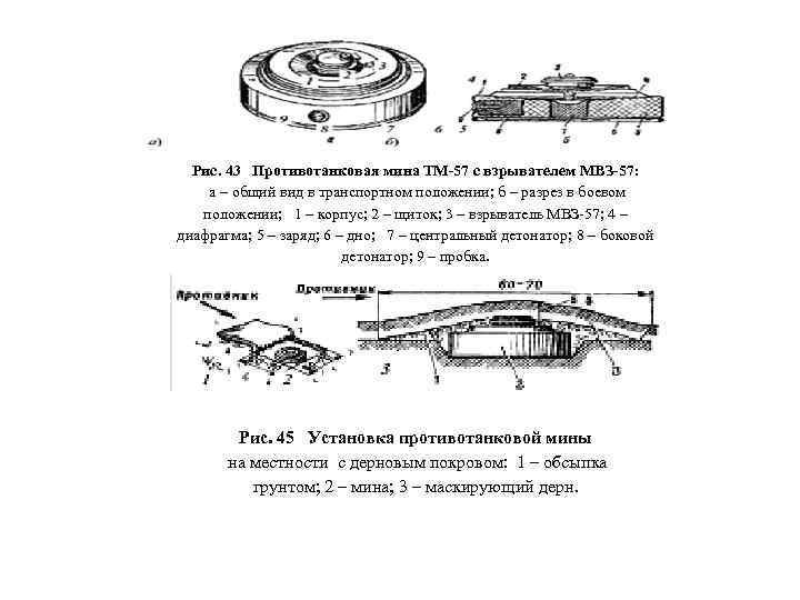 Рис. 43 Противотанковая мина ТМ-57 с взрывателем МВЗ-57: а – общий вид в транспортном