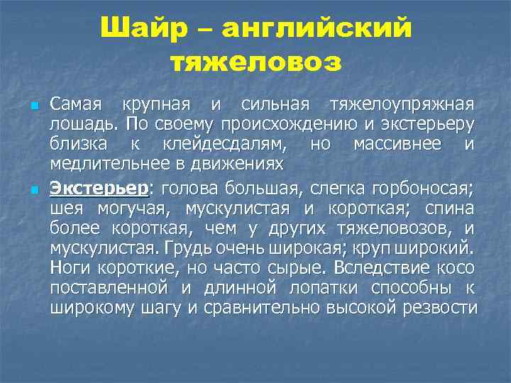 Шайр – английский тяжеловоз n n Самая крупная и сильная тяжелоупряжная лошадь. По своему